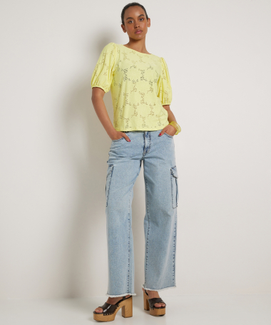 ajour t-shirt met pofmouw