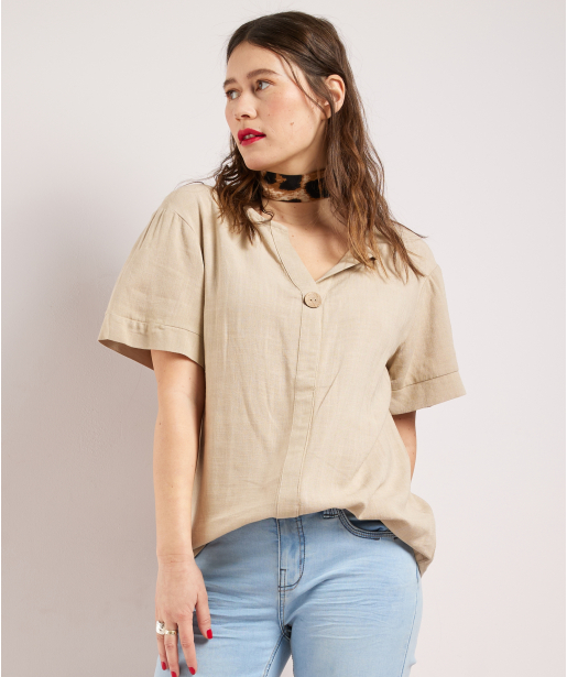linnenlook t-shirt met knoopsluiting